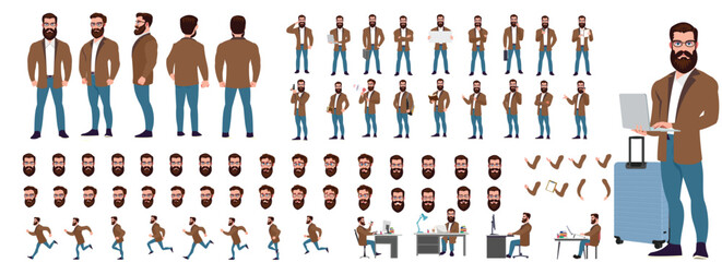 Man Character design. Front, side, back view and explainer animation poses. Character set with lip sync and facial expressions of Happy, angry, sad, Joy with Side walk cycle animation sequence sprite 