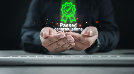 Businessman show a certified document on a virtual screen. The concept of ensuring standard quality control or learning pass