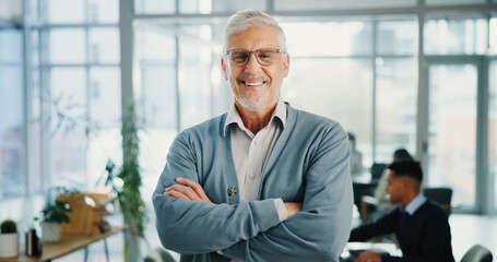 Portrait, business or man in workplace, arms crossed or smile with financial advisor, accounting or...