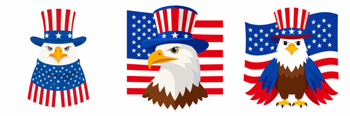 A Eagle wear uncle sam hat and red white blue American flag overlay on scraf. Independence Day 4th of July Patriotism Usa America Clipart Line Art Vector Illustration. Patriotic bird donning.