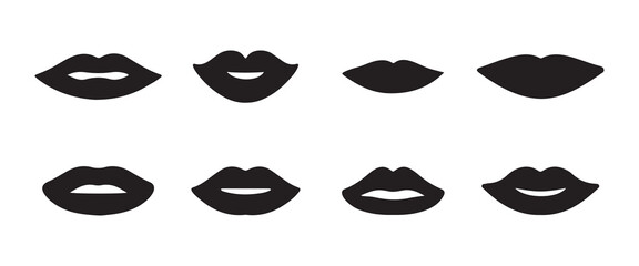Icons of female lips. Girl mouth close up expressing different emotions symbol collection. Vector illustration