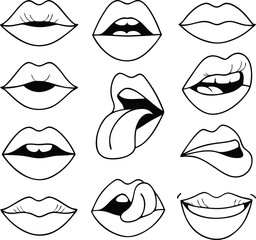 Line lips icons collection. Vector illustration of sexy women's lips, expressing different emotions, such as smile, kiss, half-open mouth, biting lip, lip licking, tongue out. Isolated on white.