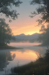 Obraz premium Calm orange sunset and beautiful blue sunrise reflect on the river water in a serene nature landscape with trees under the sky