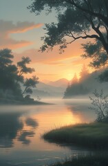 Fototapeta premium Sunset painted the calm river and lake with orange light reflecting in the water under the beautiful evening sky