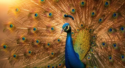 Obraz premium hyper realistic digital art, a mesmerizing scene where a majestic indian peacock, adorned with a ribbon of vibrant blue feathers, is captured in stunning detail through a macro lens, the peacock