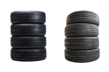 Stack of brand new car tires isolated on a background transparent background Generative AI