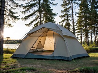 Outdoor Adventure with Tent in Mountain Woods