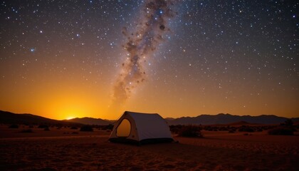 a blanket of stars glows above a tent pitched in a silent desert.