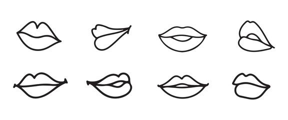 Icons of female lips. Girl mouth close up expressing different emotions symbol collection. Vector illustration