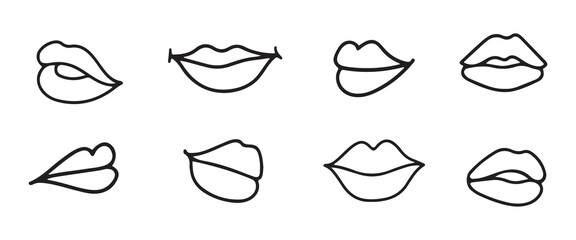 Icons of female lips. Girl mouth close up expressing different emotions symbol collection. Vector illustration