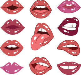 Lipstick palette. Vector illustration of sexy woman's lips expressing different emotions with various matte lipstick tones, such as red, nude, pink and violet. Isolated on white.