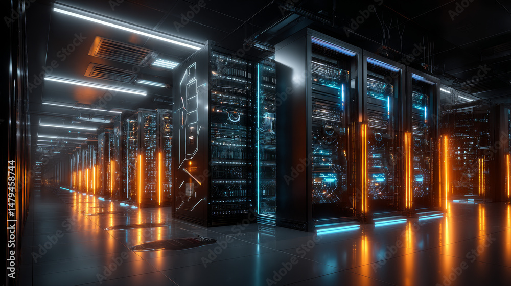 Poster data center or digital storage. server rack with glowing lights. abstract tech background of cloud c