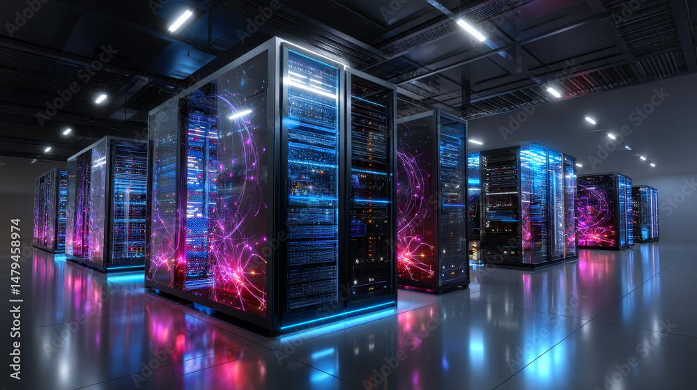Poster data center or digital storage. server rack with glowing lights. abstract tech background of cloud c