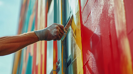 Artist Applying Paint to a Colorful Wall
