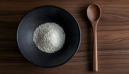 Elevated view of uncooked grains in a dark bowl.