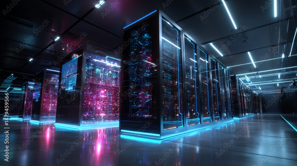 Poster data center or digital storage. server rack with glowing lights. abstract tech background of cloud c