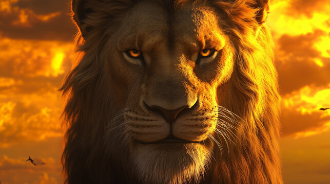 furious lion in the field closeup shot at dusk. wildlife photography