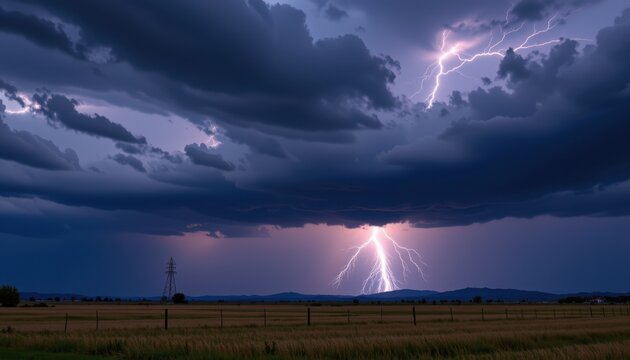 a thunderstorm brews over a wide plain, lightning flashing across the darkened sky.