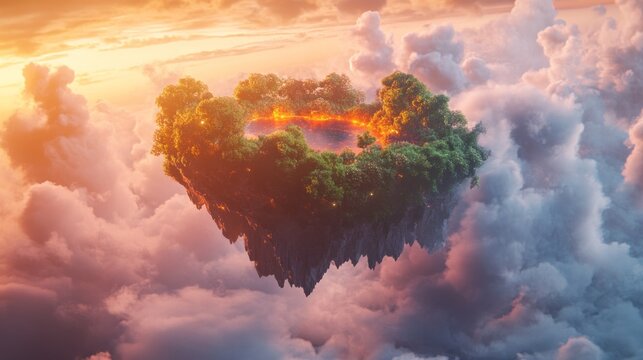 Floating paradise, surreal island amidst ethereal clouds and tranquil lake