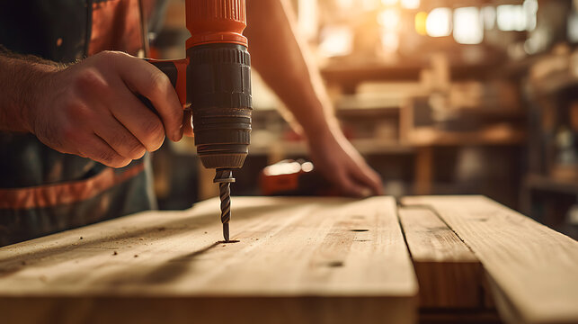 Carpenter Using a Drill on Wood - Powered by Adobe