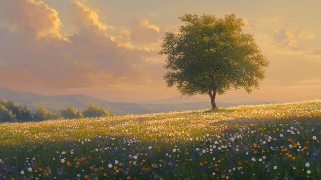 Serene meadow bathed in golden light, with wildflowers and lone tree