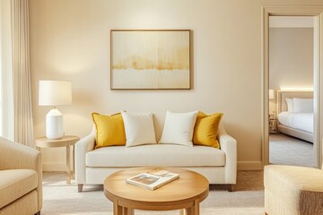 Bright cozy living room with soft beige furniture, yellow pillows, minimal decor, and warm natural light. Elegant interior with a view into a modern bedroom, ideal for home and hospitality themes