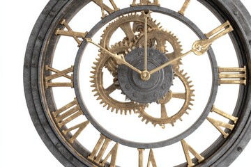Close-up of an intricately designed clock showcasing exposed gears in gray and gold tones. The Roman numerals and visible clockwork create a vintage aesthetic.