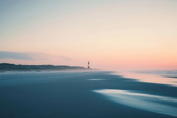 Tranquil seaside sunset with solitary lighthouse in the distance