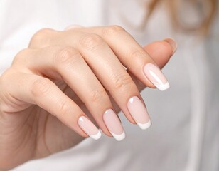 Fototapeta premium Woman’s hand, highlighting her smooth skin and perfectly manicured nails. The focus is on the graceful fingers and the elegance of the hand