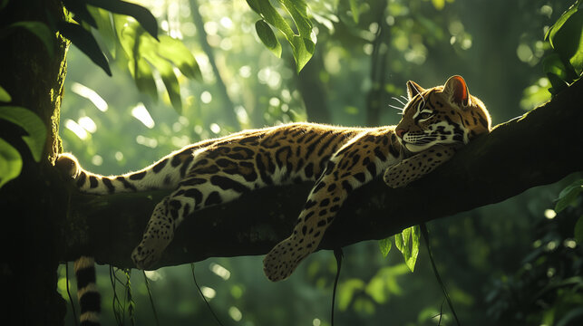 leopard sleeping on a tree in the forest cinematic lighting closeup shot. wildlife photography