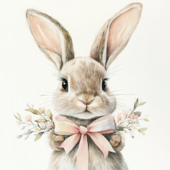 Obraz premium Cute bunny with bow exudes joy and innocence in realistic illustration
