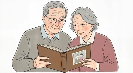 Elderly couple looking at photo album together with smiles  