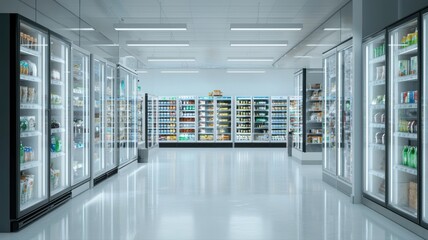Modern Supermarket Aisle with Illuminated Freezer Display Cases supermarket aisle freezer modern tea