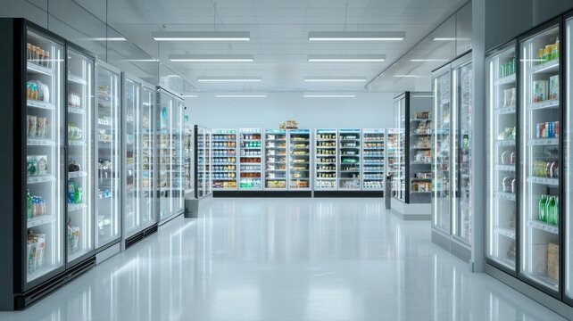 Modern Supermarket Aisle with Illuminated Freezer Display Cases supermarket aisle freezer modern tea