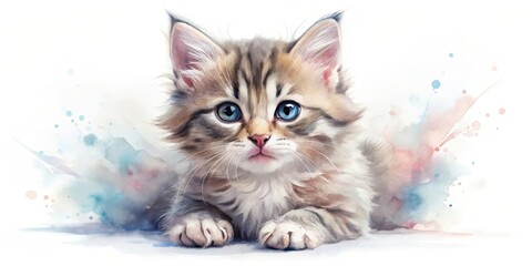 A Serene Kitten Portrait  Watercolor Painting of a Fluffy Gray and Brown Tabby Cat with Striking Blue Eyes, Resting on a Soft, Pastel Background of Watercolor Splashes