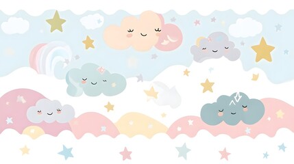 Pastel clouds and stars create a whimsical sky scene.