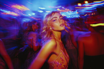 Captivating blonde woman in colorful lights at a vibrant nightlife event