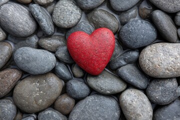 Red heart stone centrally placed amidst smooth gray pebbles in shallow water view from above with clear area for text at top and bottom.