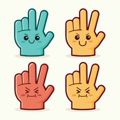 Hand gesture characters for peace, victory, and rock signs in bright colors