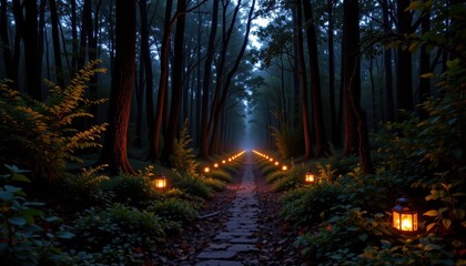 Obraz premium a forest path disappears into the distance, lined with lanterns that glow softly in the twilight.