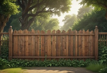 Fototapeta premium Rustic wooden fence with poster, lush park backdrop, background, fence