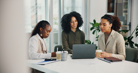 Planning, meeting or business women with laptop for feedback, collaboration or investment. Teamwork, technology or financial advisors talking for project research, budget growth or risk management