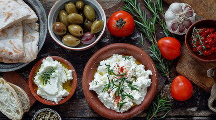 Mediterranean Appetizers with Cheese, Olives, and Flatbread