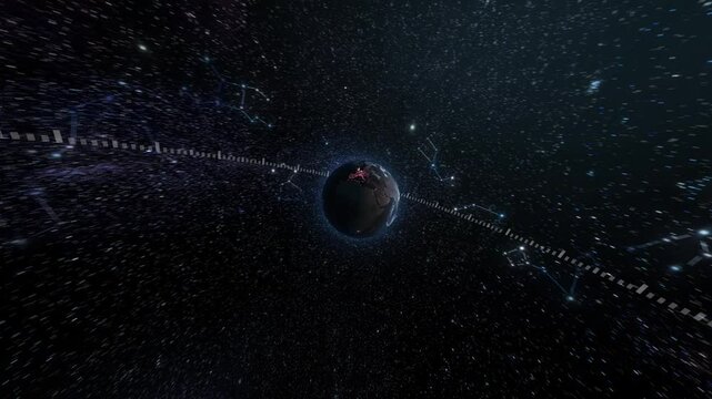 Planet Earth facing the celestial sphere in which groups of visible fixed stars, forms perceived outlines and patterns, representing the zodiac constellations.
4k UltraHD resolution 