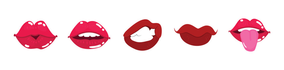 Lip, mouth vector icon. Red female lips collection. Woman lip expressed different emotions. Vector illustration eps 10