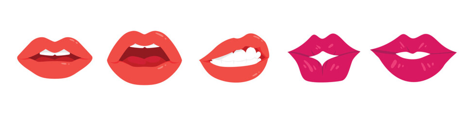 Lip, mouth vector icon. Red female lips collection. Woman lip expressed different emotions. Vector illustration eps 10