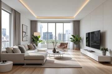 Modern Minimalist Living Room Design with City View and Natural Light