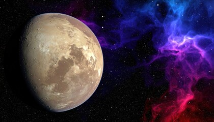 Obraz premium Celestial Spheres: A vibrant display of cosmic artistry, revealing a distant planet, illuminated by nebulous galaxies, creating a scene of captivating wonder.