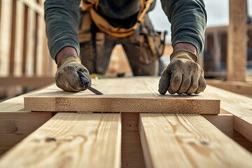 Construction Worker Measuring Wood Planks