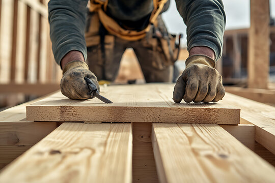 Construction Worker Measuring Wood Planks - Powered by Adobe